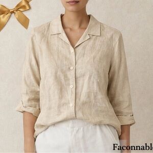Faconnable Linen Button Front Shirt Beige Lightweight Collared Top Size Small